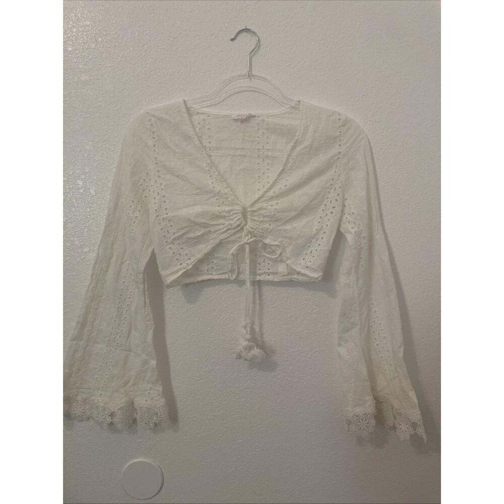 Vintage Agaci Womens M Medium White Cropped Shrug Y2K Beach Boho Top Blouse